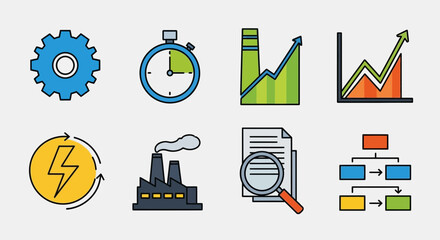 Colorful business and industrial icon set depicting various aspects of operation