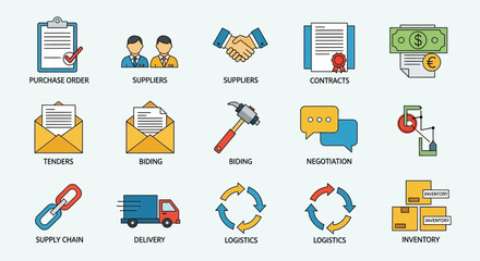 Logistics and Supply Chain Management Icons Set Representing Key Processes