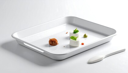 Minimalist Food Presentation on White Tray with Spoon.