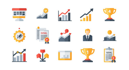 Collection of flat design icons representing business concepts and achievements