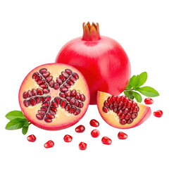 Pomegranate fruit and seeds isolated on transparent background, ready to eat
