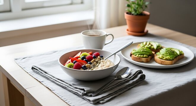 Healthy breakfast of oatmeal with fruit and avocado toast served on a table