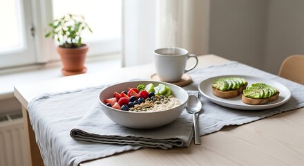 Healthy breakfast with oatmeal and avocado toast by the window