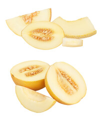 ripe sweet yellow melon halves and sliced pieces displaying juicy flesh and seeds isolated on a transparent background, healthy summer fruit photograph.