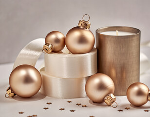 Golden christmas ornaments and candle arranged with ribbon on a white surface, creating a festive and elegant holiday scene.