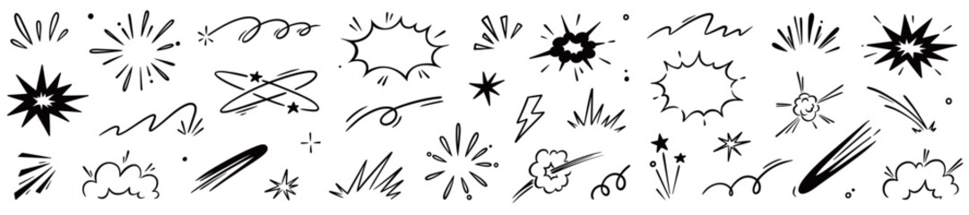 Comic cartoon line explosive effect, speed burst motion element set. Comic boom burst, explosive smoke, line speed cartoon element icon. Hand drawn sketch action boom effect. Vector illustration