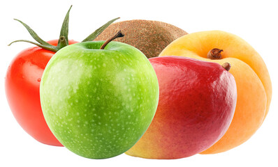 colorful assortment of fresh, ripe produce including a red tomato, green apple, kiwi, mango, and apricot isolated on a neutral transparent background photograph.