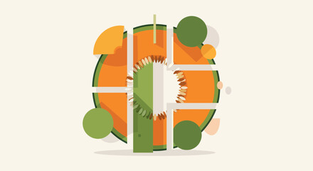 Abstract Geometric Composition Featuring Sliced Melon, Circles, And Graphic Design Elements