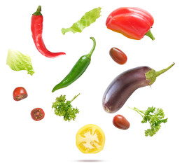 realistic photograph of colorful fresh raw vegetables, including eggplant, bell pepper, chili, and lettuce, dynamically falling and isolated on a clean transparent background.