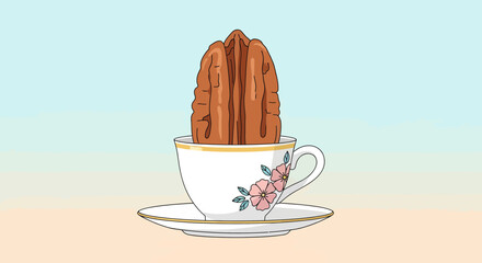 Abstract Pecan Nut Inside Teacup: Surreal Food Illustration with Floral Design