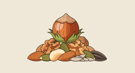 Abundance Of Assorted Nuts, Seeds, And Nutritious Food Ingredients, Hand Drawn Illustration