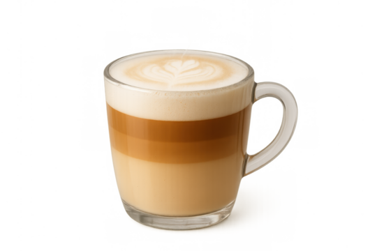 Coffee latte art in glass mug, having layered espresso coffee, milk foam, and natural ingredients