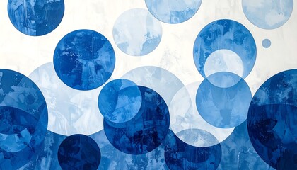 An abstract composition featuring overlapping blue circles of varying sizes and opacities against a bright white backdrop