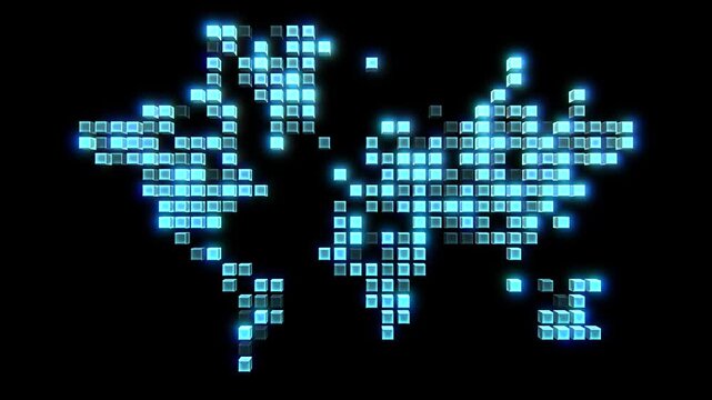 3D pixel art World Map glowing animation on black background