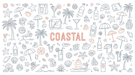 A coastalthemed pattern featuring various beach elements such as palm trees, cocktails, umbrellas, and seashells, creating a summery and relaxing vibe