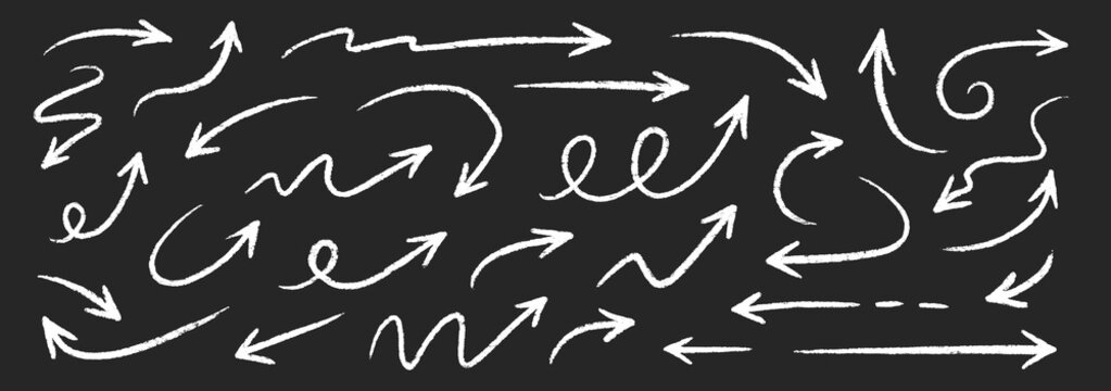 Hand drawn chalk arrow vector set. Hand drawn sketch chalk crayon rough texture brush stroke organic line arrow. Doodle crayon pencil direction element on blackboard background. Vector illustration