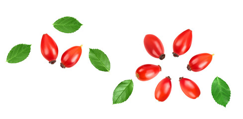 two arrangements of vivid red rosehip berries clustered with green leaves, creating a decorative composition isolated on black.