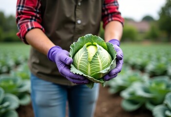 Picking green cabbage outdoors, hands in purple gloves hold freshly harvested cabbage, outdoor vegetable patch scene with gardener holding freshly picked green cabbage in soft morning