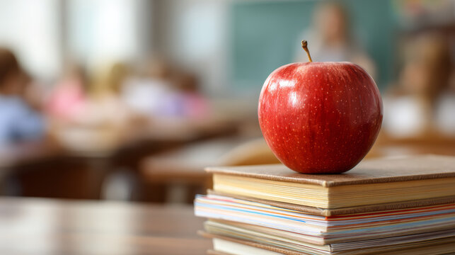 Red apple school desk classroom education learning books teacher chalkboard back to school study motivation on stacked notebooks