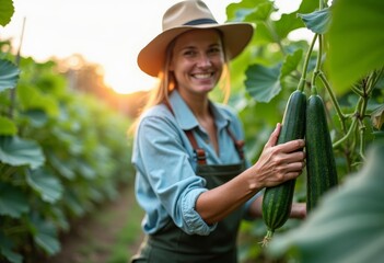 Woman holding big fresh zucchini in organic vegetable farm. Female chef buyer quality check, closeup farm-to-table mood. Female farmer working in a field. Organic food growing.