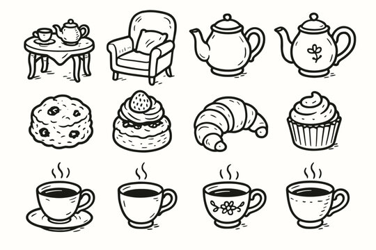 Cup cozy drawing tea vector icon pastries rough teapot icons afternoon