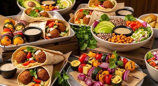 Delicious and healthy vegetarian food spread with falafel wraps and skewers