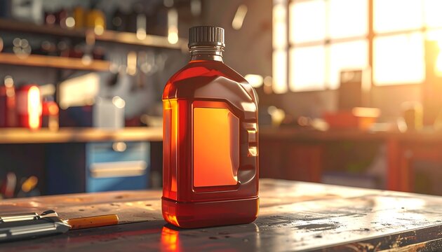 Bottle of oil on a workbench in a garage.