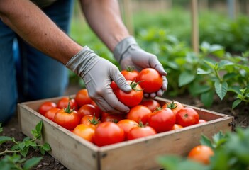 Gloved hands picking tomato for blemish and firmness. Man picking up tomatos on a farm. Close up quality control scene, careful selection for market, hygiene and standards observed.