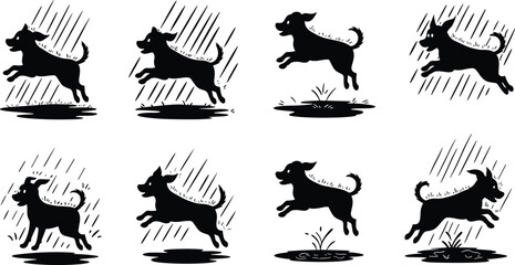 Dog silhouette running, jumping in rain, puddle splash, wet ground, playful pet, energetic motion, black vector, white background, dog movement, rainy day, dog clipart, leaping dog, canine  