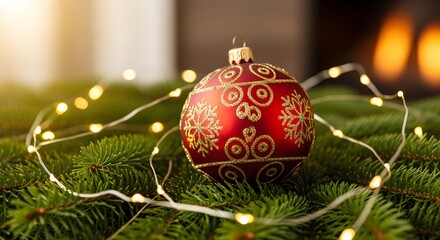 A cozy still life of a single red Christmas ornament with a delicate gold pattern, resting on a bed of fresh pine branches and fairy lights. Warm, festive lighting
