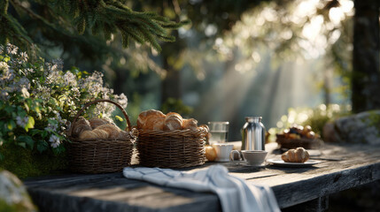 Fototapeta premium Peaceful Breakfast Setting on a Wooden Table Under a Pine Tree Surrounded by Nature with Fresh Bread, Coffee, and Flowers in Soft Morning Light