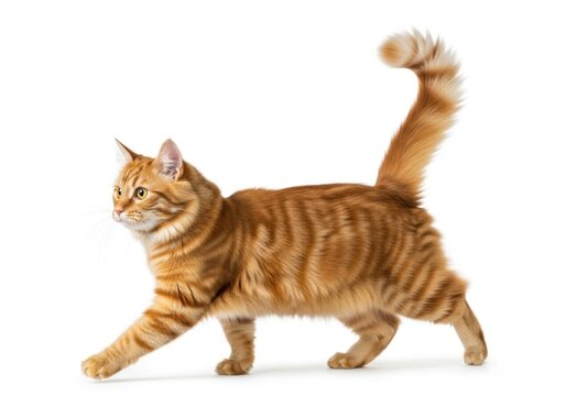 A ginger tabby cat with a striped tail walks gracefully isolated on white background