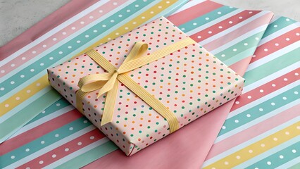 Fototapeta premium Striped & Dotted Hybrid Pattern in Bold Pastels. Seamless pattern combining stripes and dots in vivid pastel colors over wrap-paper texture—modern and playful design.