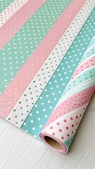 Obraz premium Striped & Dotted Hybrid Pattern in Bold Pastels. Seamless pattern combining stripes and dots in vivid pastel colors over wrap-paper texture—modern and playful design.