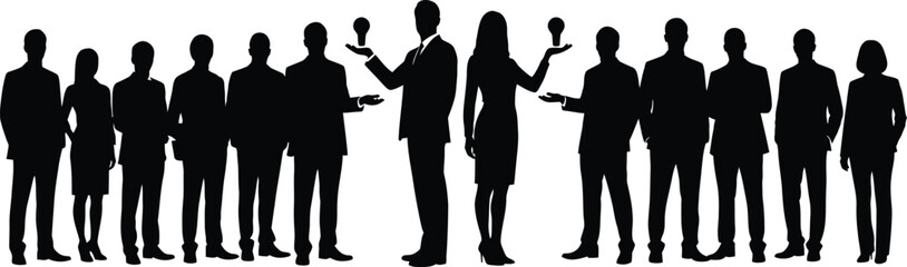 Business team silhouettes with light bulb ideas, corporate innovation concept banner, professional men and women standing, black vector illustration