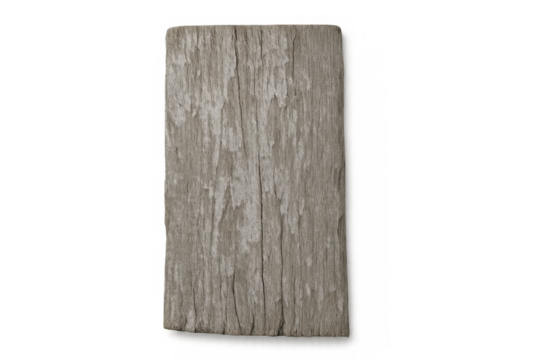 Weathered old wood plank isolated, showing rustic timber texture and aged gray surface on transparent background