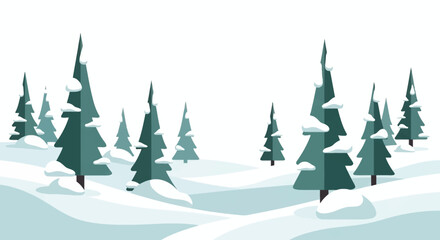 Snowy landscape with evergreen trees covered in snow set against a white background