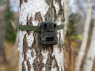 Mini trail camera with 4k video recording. Hunting camera in the forest. Rugged waterproof design, night vision for wildlife monitoring and home security  