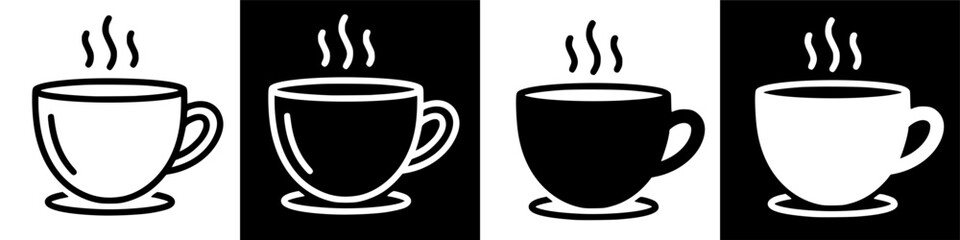 Coffee cup icon set on black and white backgrounds. svg vector graphic illustration of a hot beverage for a cafe logo