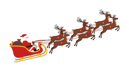 Santa in his sleigh with reindeer flying in a diagonal line set against a white background © Rohim