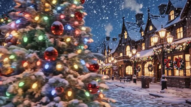 Festive winter scene with illuminated street and decorated buildings