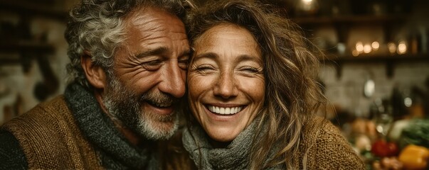 Warm moment of a middle-aged couple smiling together in a cozy kitchen with fresh produce