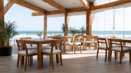 Fototapeta premium Modern Beachfront Restaurant Interior with Open Air Design, Featuring Wooden Furniture and Scenic Ocean View