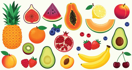 A vibrant assortment of fresh fruits, including pineapple, fig, watermelon, papaya, lemon, peach, orange, blueberries, pomegranate, melon, avocado, strawberries, bananas, cherries
