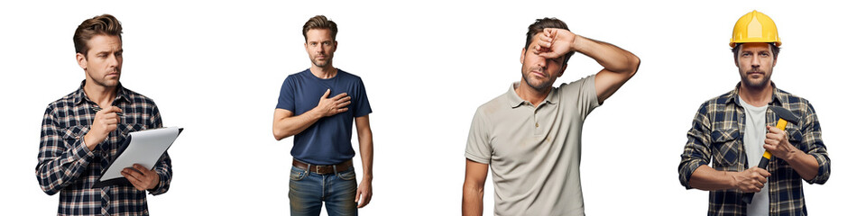 Cutout of four diverse 40-year-old male builders and workers, isolated on a transparent background. Ideal for construction, labor, home improvement, DIY, and workforce representation.