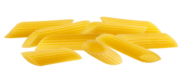 photograph capturing a substantial pile of dry, uncooked penne rigate pasta tubes clustered closely together, showcasing the distinct texture and shape, isolated on a transparent background.