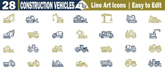 Construction Vehicle Icons Vector Set. Bulldozer Excavator, Crane, Truck Loader, Concrete Mixer, Road Roller, Dumper Heavy Equipment, Machinery, Engineering Industry vector illustration.  © Logo Solution