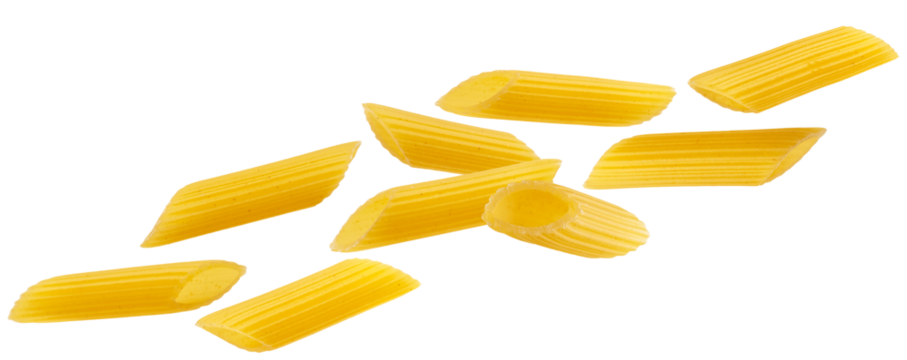 photograph capturing several pieces of uncooked penne rigate pasta tubes floating and scattered dynamically against a clean, isolated transparent background.