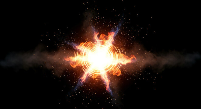Dynamic and powerful explosion of fiery energy with sparks and smoke, an ideal visual effect overlay for creative projects