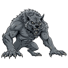 Muscular Gray Werewolf Illustration with Fangs and Claws on White